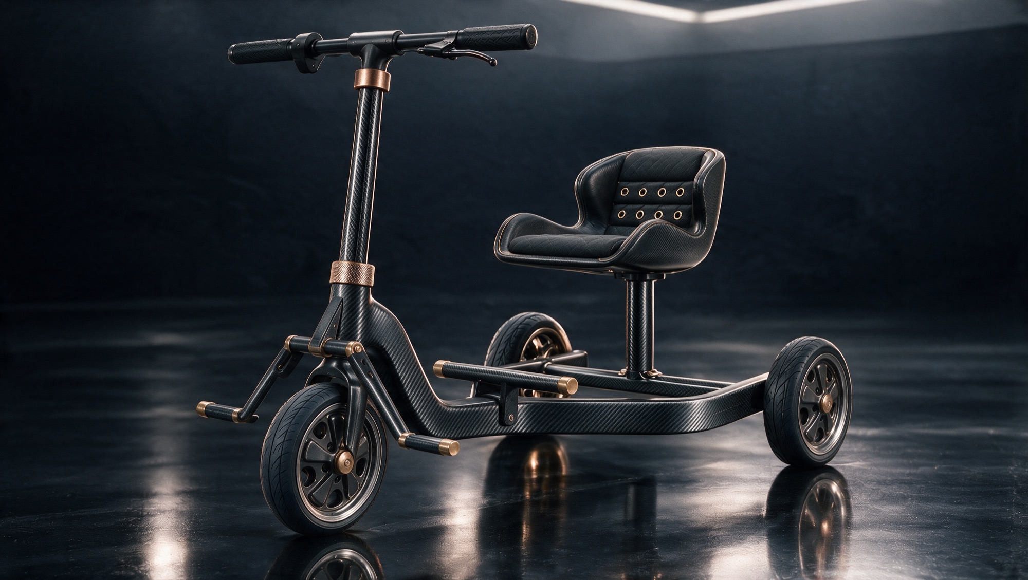Biovelo BV-T1 Trike in satin black carbon fibre with brass details, in a dark studio
